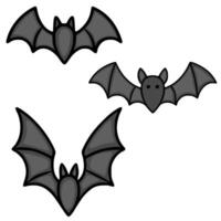 A illustration featuring three cute cartoon bats in various poses, showcasing a playful Halloween theme with dark grey color palette and simple line art style. vector
