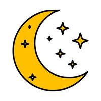 A playful illustration of a crescent moon and stars, featuring bold outlines and a vibrant yellow color palette, perfect for childrens designs or whimsical projects. vector