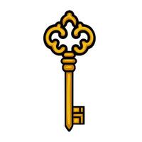 A illustration of a vintage ornate golden key, featuring intricate details in its head and a simple bit, isolated on a white background. vector