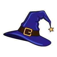 A illustration of a whimsical witchs hat with a dark blue body, brown belt with a golden buckle, and a small golden star, perfect for Halloween designs. vector