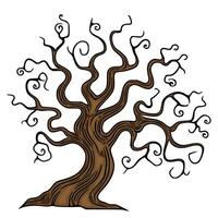 Intricate Illustration of a Twisted Brown Tree with Curly Branches, Isolated on White Background vector