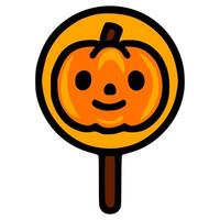 illustration of a cute Halloween pumpkin lollipop on a stick, featuring a simplified design with bold outlines and vibrant orange and black colors. vector