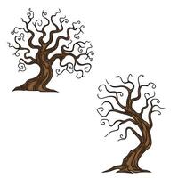 illustration of two stylized bare trees with swirling branches, perfect for Halloween or autumn designs, showcasing unique artistic detail and dark brown color palette. vector