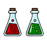 A illustration of two cartoon Erlenmeyer flasks filled with red and green liquids, featuring cork stoppers and floating bubbles, suitable for Halloween or sciencethemed designs. vector