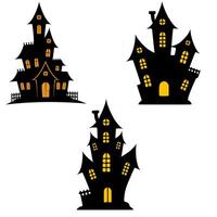 A illustration featuring three unique Halloween haunted house silhouettes, each with distinct architectural details and glowing windows, perfect for spooky season designs. vector