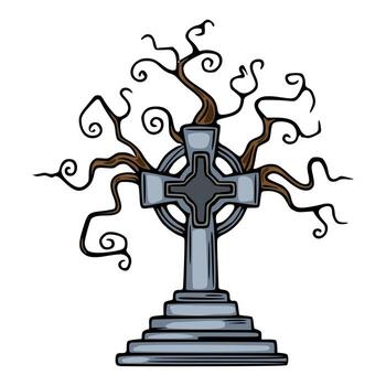 Celtic cross illustration with entwined, stylized dead tree branches, standing on a stone base, creating a gothic, Halloweenthemed design element. vector