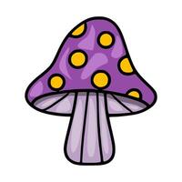 Adorable illustration of a whimsical purple mushroom with yellow polka dots, featuring a cartoonish style and distinct color palette, perfect for childrens books or Halloween designs. vector