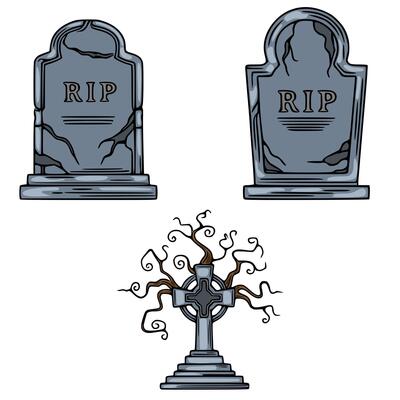 A illustration featuring two detailed gravestones with RIP inscriptions and a Celtic cross entwined with a spooky, gnarled tree, perfect for Halloween designs.