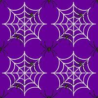 Seamless pattern of Halloween cobwebs and spiders on a deep purple background, featuring detailed spider illustrations and geometric web designs for a spooky and stylish textile or wrapping... vector