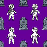 Seamless pattern featuring cute cartoon mummies and cracked gravestones on a vibrant purple background, ideal for Halloweenthemed designs. vector