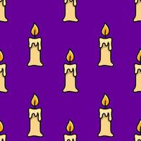 Seamless pattern of melting candles with vibrant yellow flames on a deep purple background, ideal for Halloween or mystical designs. vector