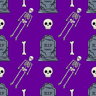 Seamless Halloween pattern featuring quirky skeletons, skulls, and cracked tombstones on a vibrant purple background, ideal for spookythemed designs.
