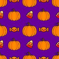 Seamless Halloween pattern with cute cartoon pumpkins, candy corn, and candies on a vibrant purple background, perfect for festive designs and prints. vector