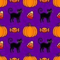 Seamless Halloween pattern with cute black cats, pumpkins, candy corn, and wrapped candies on a vibrant purple background, perfect for festive designs. vector