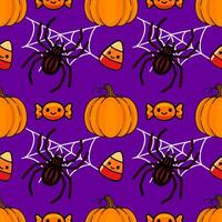 Adorable Halloween Seamless Pattern with Pumpkins, Spiders, Candy Corn, and Candy on Purple Background vector