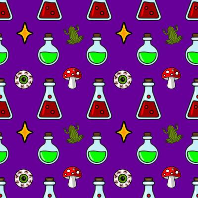 Seamless pattern featuring whimsical Halloween elements vibrant green and red potions, quirky frogs, eerie eyeballs, and magical toadstools on a deep purple background.