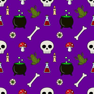 Seamless Halloween pattern with cartoon skulls, frogs, cauldrons, candles, bones, eyeballs, and mushrooms on a purple background, ideal for spooky festive designs.