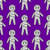 Seamless pattern of cute cartoon mummies in bandage costumes on a rich purple background, perfect for Halloweenthemed designs. vector
