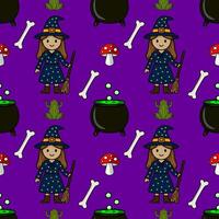 Seamless pattern featuring a cute little witch, cauldron, frog, bone, and mushroom, perfect for Halloweenthemed designs and kids projects. vector