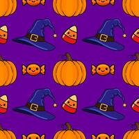 Seamless Halloween pattern featuring cute cartoon pumpkins, witch hats, candy corn, and lollipops on a vibrant purple background, perfect for festive designs. vector