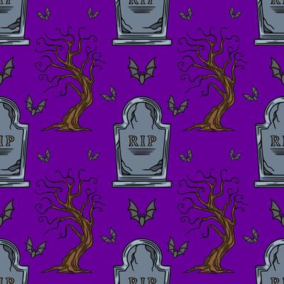 Seamless Halloween pattern with spooky gravestones, bare trees, and flying bats on a vibrant purple background, perfect for autumnal designs and spooky celebrations.