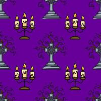 Seamless Halloween pattern with Celtic crosses adorned by spooky vines and threecandle candelabra on a rich purple background, creating a dark and mysterious atmosphere. vector