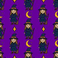 Seamless pattern featuring adorable cartoon witches in starry dresses, holding broomsticks, against a vibrant purple background, complemented by crescent moons and shining stars. vector