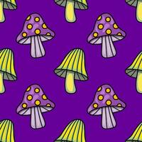 Seamless pattern with whimsical purple and green mushrooms on a vibrant purple background, featuring a unique blend of polka dots and striped designs for a playful autumnal aesthetic. vector