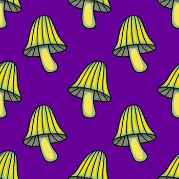 sin costura modelo de estilizado verde y amarillo hongos en un vibrante púrpura fondo, creando un caprichoso y ligeramente psicodélico diseño ideal para Víspera de Todos los Santos o otoñal temas vector