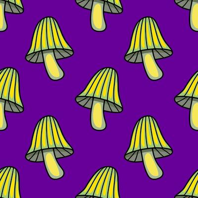 Seamless pattern of stylized green and yellow mushrooms on a vibrant purple background, creating a whimsical and slightly psychedelic design ideal for Halloween or autumnal themes.
