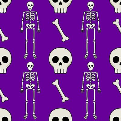 Seamless Halloween pattern with cartoon skeletons, skulls, and bones on a vibrant purple background, ideal for festive designs and spooky themed projects.