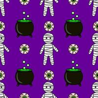 Seamless Halloween pattern with cute mummies, bubbling cauldrons, and spooky eyeballs on a vibrant purple background, perfect for festive designs. vector