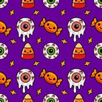 Seamless Halloween pattern with cute melting eyeballs, candy corn, and lollipops on a vibrant purple background, perfect for festive designs. vector