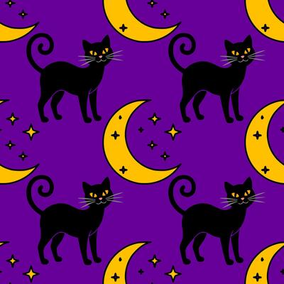 Seamless Halloween pattern with cute black cats and yellow crescent moons on a purple background, featuring whimsical swirling tails and sparkling stars.