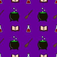 Seamless Halloween pattern with a cauldron, broom, potion bottle, and spellbook on a vibrant purple background, featuring a unique cartoonish style. vector
