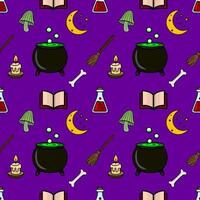 Seamless pattern with Halloween witchcraft elements cauldron, potion, broom, bone, candle, mushroom, open book, and crescent moon on a purple background, designed for festive decorations. vector