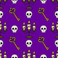 Seamless pattern featuring ornate keys, skulls, and threecandle candelabra on a deep purple background, creating a spooky and mysterious Halloween design. vector