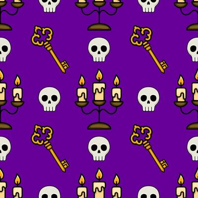 Seamless pattern featuring ornate keys, skulls, and threecandle candelabra on a deep purple background, creating a spooky and mysterious Halloween design.