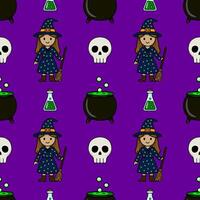 Seamless Halloween pattern featuring a cute witch, cauldron, skull, and potion bottles on a vibrant purple background, perfect for festive designs. vector