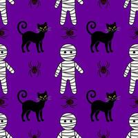 Seamless Halloween pattern featuring cute mummies, black cats, and spiders on a vibrant purple background, perfect for festive designs and spooky celebrations. vector