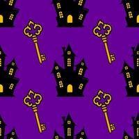 Seamless Halloween pattern featuring ornate golden keys and spooky black haunted houses against a vibrant purple backdrop, creating a playfully mysterious design. vector