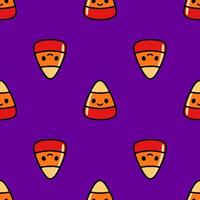 Seamless pattern of cute cartoon candy corn characters with happy faces on a vibrant purple background, perfect for Halloweenthemed designs. vector