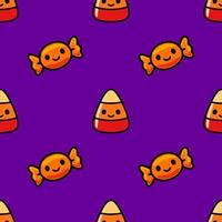 Seamless pattern featuring adorable cartoon candy corn and wrapped candies on a vibrant purple background, perfect for Halloweenthemed designs. vector