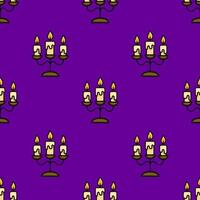 Seamless pattern of vintage candle holders with three burning candles on a deep purple background, perfect for Halloween or gothic designs. vector