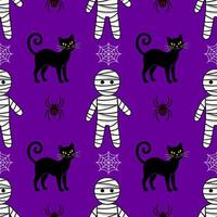 Seamless Halloween pattern with cute mummies, black cats, and spiders on a purple background, perfect for festive designs and spooky celebrations. vector