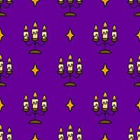 Seamless pattern of vintage candle holders with three burning candles and golden stars on a deep purple background, ideal for Halloween or mystical designs. vector