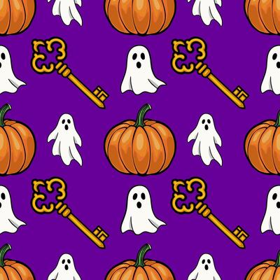 Seamless Halloween pattern with cute ghosts, pumpkins, and ornate golden keys on a vibrant purple background, ideal for festive designs.