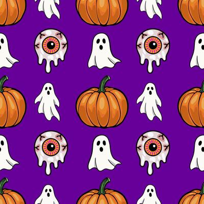 Seamless Halloween pattern featuring quirky pumpkins, spooky ghosts, and melting eyeball illustrations on a vibrant purple background, perfect for festive designs.