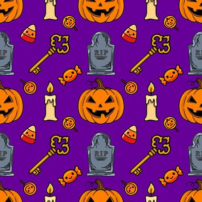 Seamless Halloween pattern with cute pumpkins, candy, tombstones, keys, and candles on a vibrant purple background, perfect for festive designs and spooky celebrations.