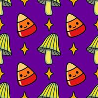 Seamless pattern with cute cartoon candy corn and mushrooms on a purple background, perfect for Halloweenthemed designs. vector